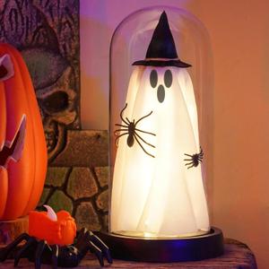 Halloween Ghost Decorations, Glass Dome Ghost Light  Spooky LED Ghost Lamp with Witch Hat & Spider for Indoor Halloween, Battery Operated Tabletop Decor for Home, Mantel or Tiered Tray