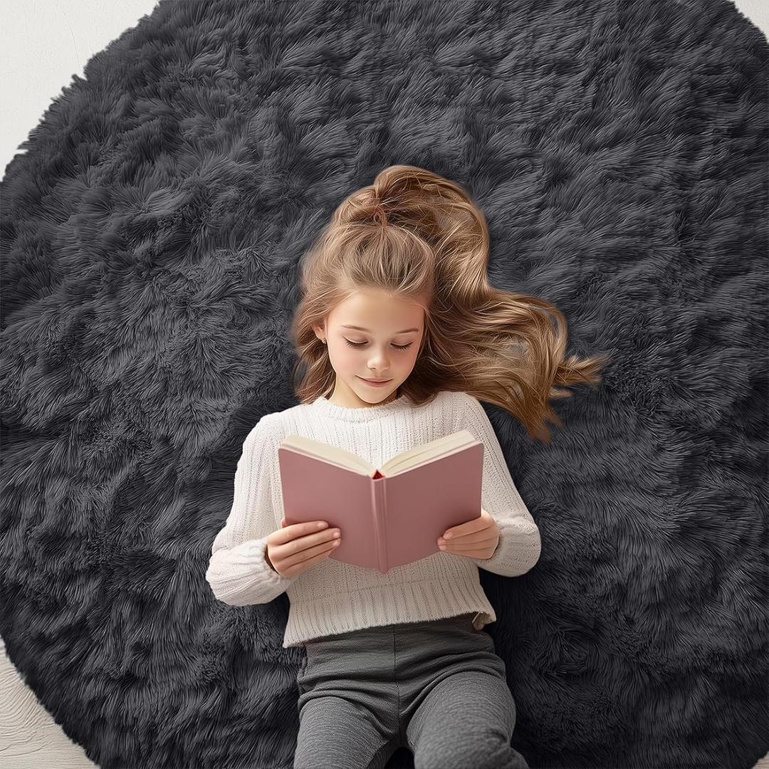 OLANLY Black Round Rugs for Bedroom - Machine Washable, 5 ft Circle Area Rugs for Living Room, Soft and Fluffy Shaggy Carpet for Teen Girls and Boys, Nursery Rooms, Dorms, Home Decor Aesthetic