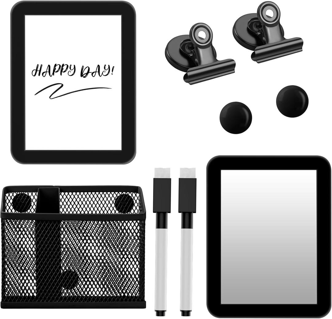 Magnetic Locker Accessories Set, Back to School Essentials (with Magnetic Whiteboard, Locker Mirror, Pen Holder, Marker, Round Magnet) School Locker Black Decor, Work Locker Organizers
