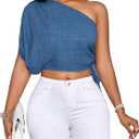 SOLY HUX Women's One Shoulder Blouse Short Sleeve Drawstring Side Casual Summer Crop Tops (Blue, L)