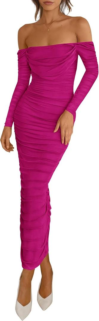 PRETTYGARDEN Womens 2026 Fall Long Sleeve Maxi Dress Off Shoulder Mesh Ruched Bodycon Trendy Long Wedding Guest Dresses (Pink, M)