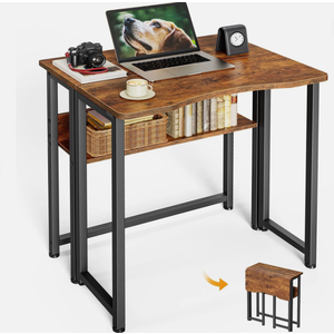 Huuger Folding Desk with Storage Shelf, 23.6 Inch Foldable Computer Table for Small Spaces, Space Saving Sofa Table for Couch, Writing Work Office Computer Desk, Easy to Fold, Rustic Brown 