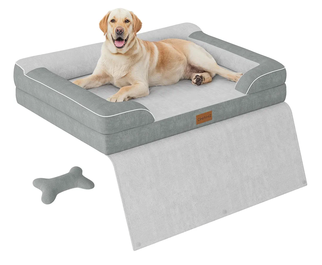 Jumbo Dog Bed for Extra Large Dogs, Orthopedic Dog Beds with Cooling Gel Memory Foam, Waterproof Pet Bed with Removable Washable Cover, 45" Pet Sofa Couch Dutch Velvet with Blanket Bone Toy