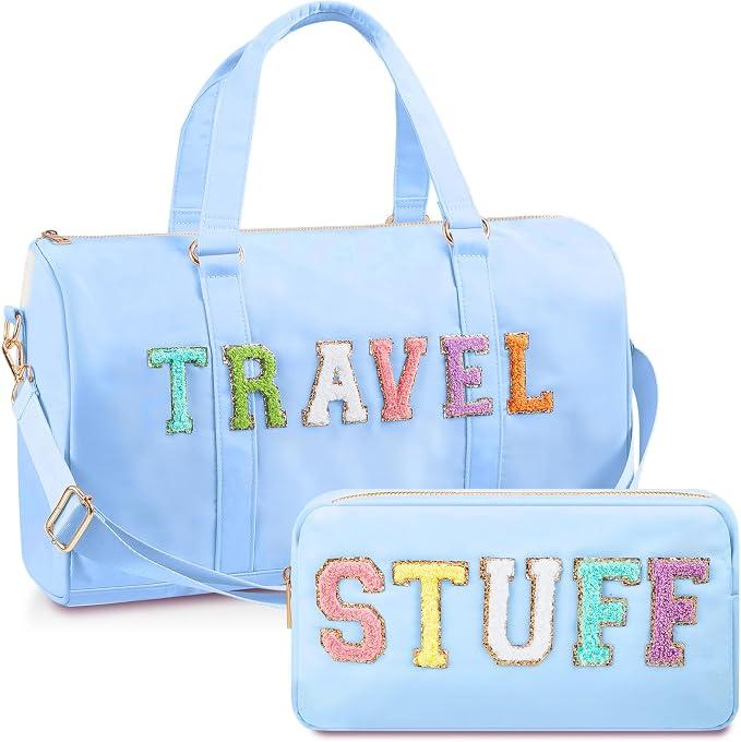 Shinylin 2 Pcs Travel Preppy Duffle Bag and Chenille Letter Makeup Pouch Cosmetic Zipper Patch Weekender Carry on Tote Bag for Women(Blue)