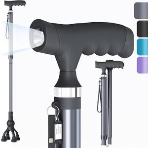 Walking Cane with LED Light for Seniors Men Women, Adjustable Folding Canes for Elderly, Ergonomic Handle & All Terrain Shock Absorbing Base, Walking Sticks for Indoor Outdoor Travel Hiking Support