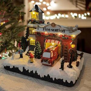 Resin Christmas Village Building, Fire Station with LED Lights & Multiple Music Tracks, Collectible Buildings Decoration with Snow, Indoor Home & Desktop Holiday Gift (10" H x 11" W x 7.5" D)