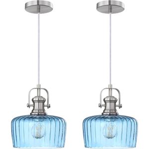 2 Pack Hanging Indoor Farmhouse 9" Blue Glass Pendant Light Brushed Nickel