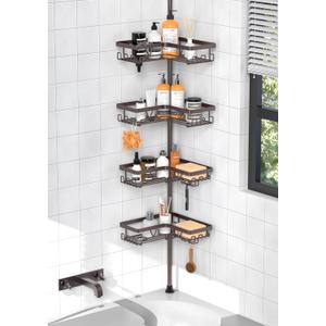 KEGII 4-Tier Corner Shower Caddy Tension Pole - Waterproof Shower Rod Organizer, Floor to Ceiling Tension Rod 25-114.2 inch, Stainless Steel Corner Shower Shelf, Bronze