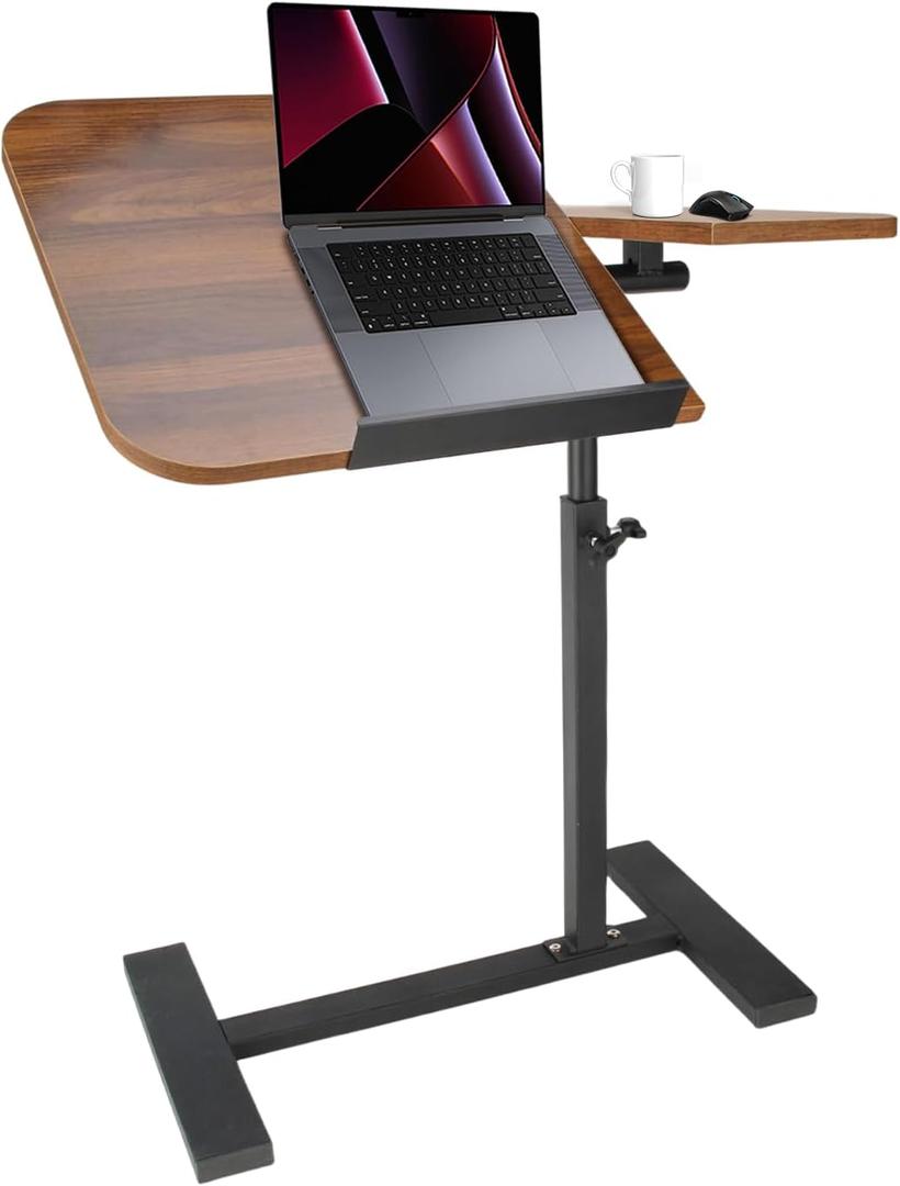 Adjustable Overbed Table, Split Top Tilting Overbed Bedside Table with Swivel Hidden Wheels, Mobile Laptop Computer Standing Desk, Portable Side Table for Home and Hospital Use (Walnut)