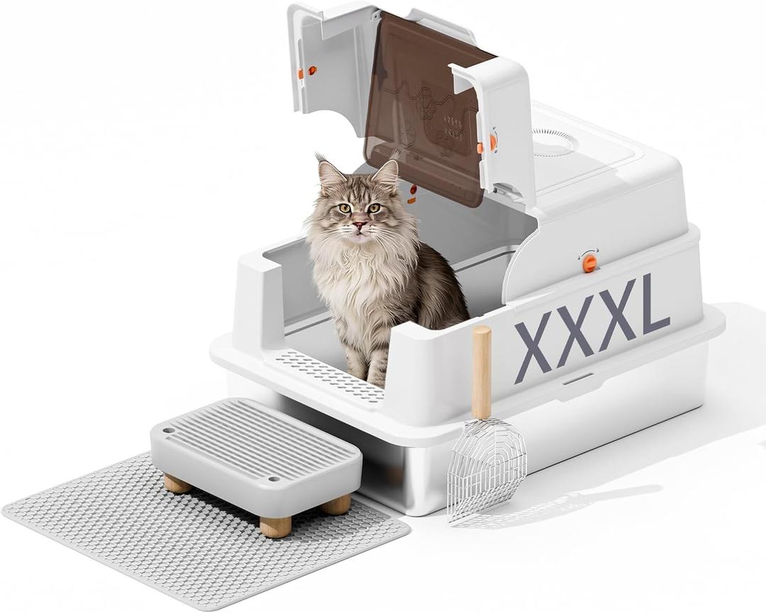Stainless Steel Litter Box with Lid, 28" Extra Large Cat Litter Pan, Enclosed Metal Litter Box with Litter Scoop & Filter Pedal, Anti-Leakage, Odor Free, Non-Sticky, Anti-Leakage, Easy Cleaning