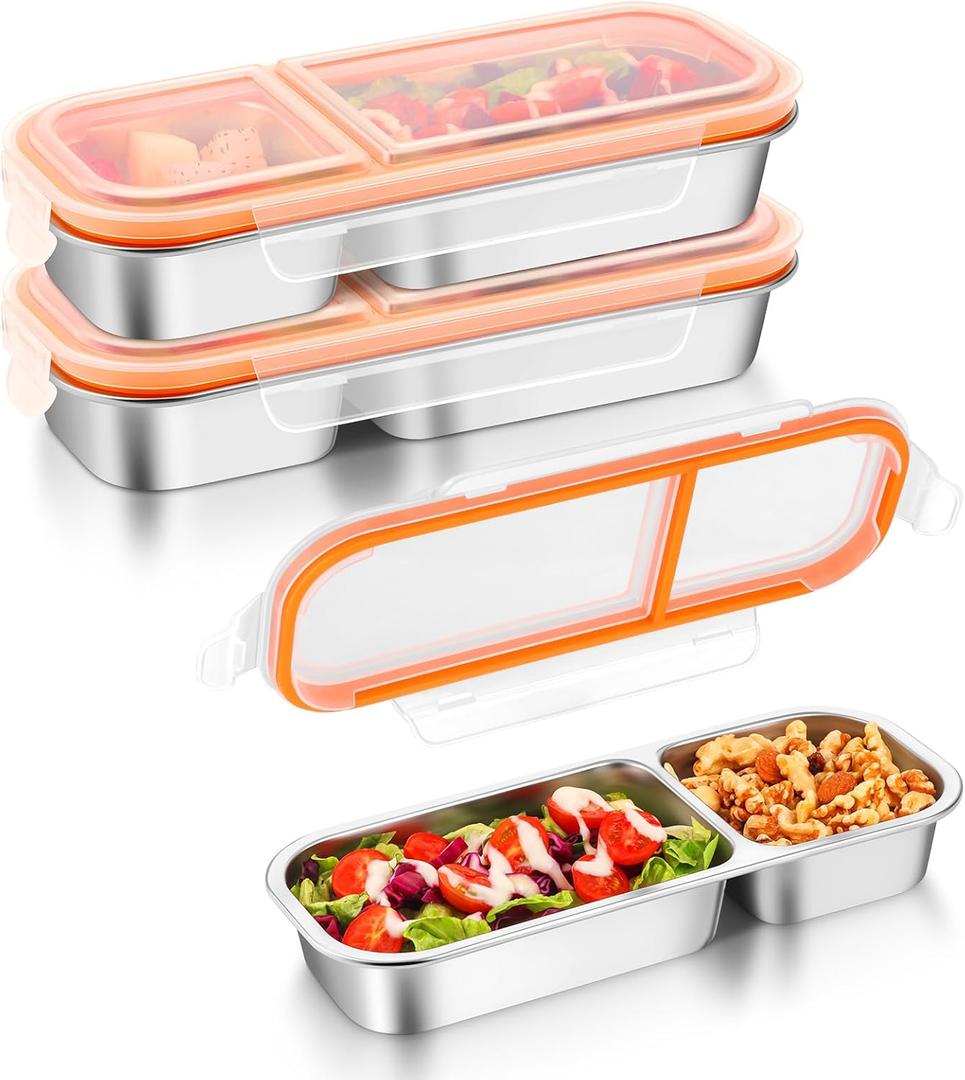 Stainless Steel Snack Containers, 3 Pack Reusable Stainless Steel Bento Lunch Box with 2 Compartment & Spork, Metal Lunch Container Food Storage Containers for Home Travel