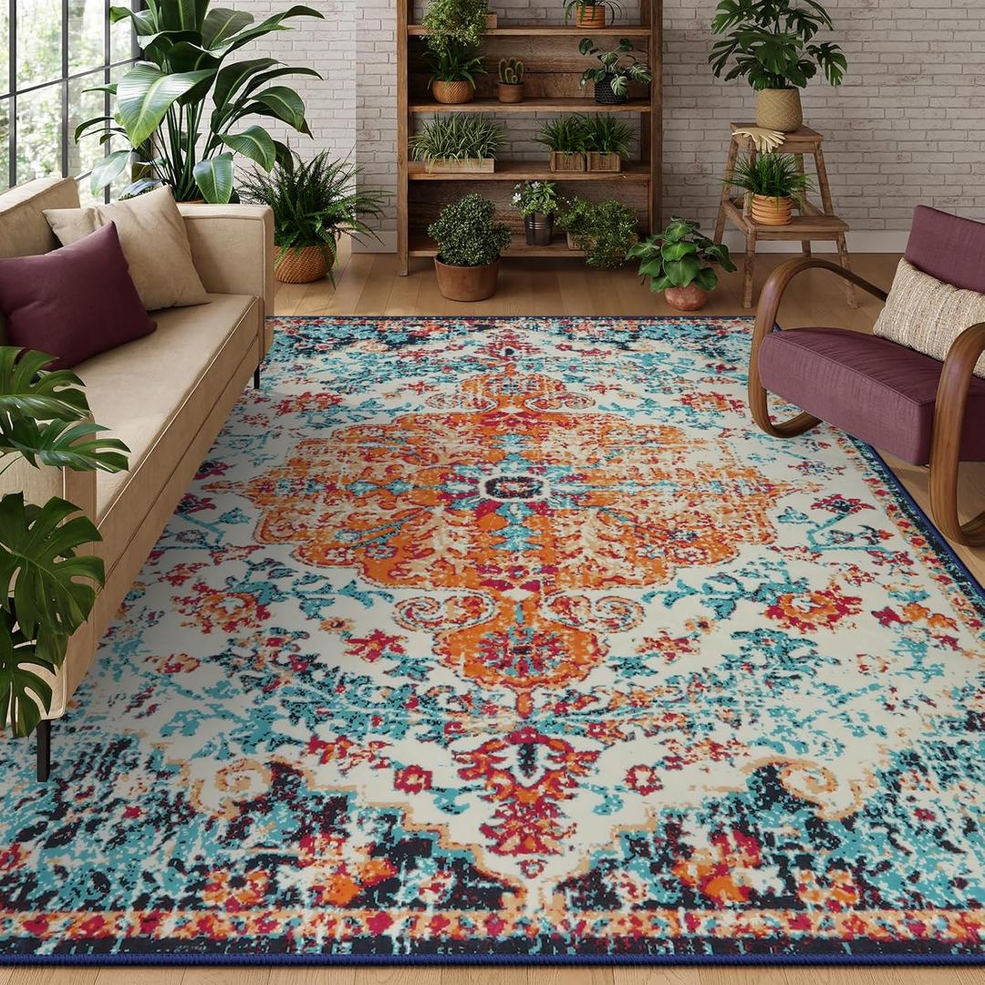 Lahome Reine Boho Rugs for Living Room 8x10, Washable Bedroom Area Rug Soft Low Pile Dining Room Rugs for Under Table,Vintage Non Slip Indoor Floor Carpet for Playroom Office (8x10 Orange)