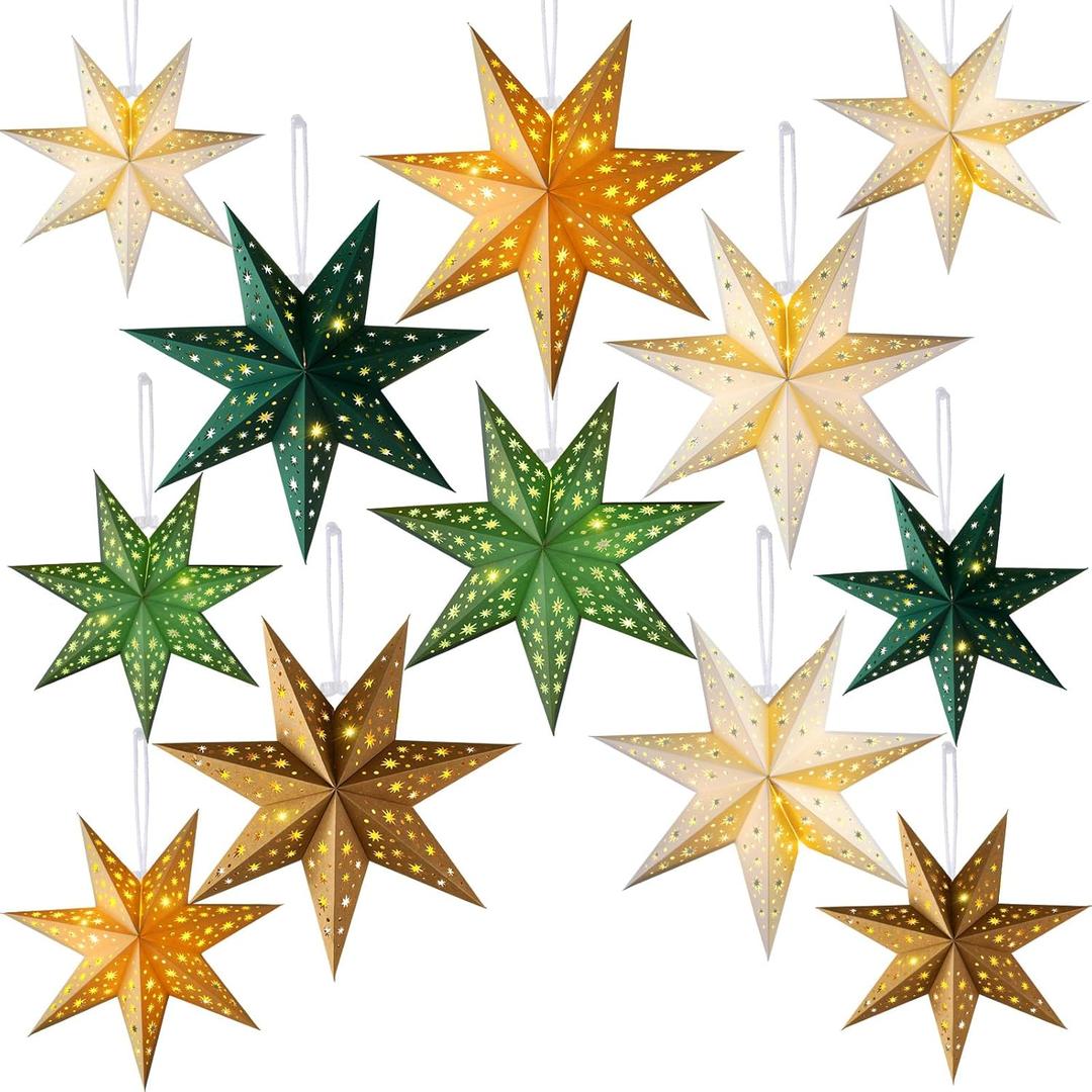 12 Pcs Christmas Paper Star Lantern 7/8/9 Points Sage Green Hanging Ornament 3D Neutral Star Lantern with String Light 12 and 17.72 Inch Hollow Lampshade for Xmas Party Decor(7 Pointed)