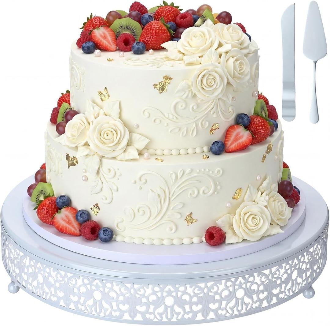 14 Inch White Cake Stand Metal Round with Cutter Spatula, Classic