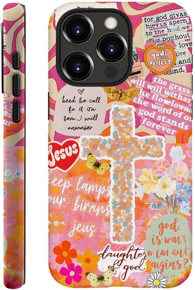 DAIZAG Case Compatible with iPhone 14 Pro,Durable Shock Protection Cover for Girl Women,Bible Cross Flower Collage Orange