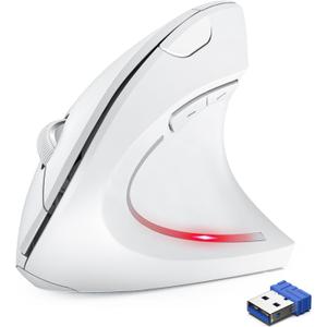 Ergonomic Mouse, 2.4GHz Optical Vertical Mouse with 5 Adjustable DPI Levels, Up to 4800 DPI, Silent Wireless Mouse with 6 Ergonomic Buttons for Laptop, Desktop, PC, MacBook -White