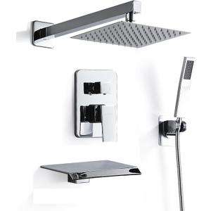 8 Inch Shower Faucet Set, Rainfall Shower System with High Pressure Handheld Shower Head, Bathroom Mixer Shower Set Wall Mounted Shower Faucet Rough-in Valve and Trim Kit, with Tub Spout (Polished Chrome)