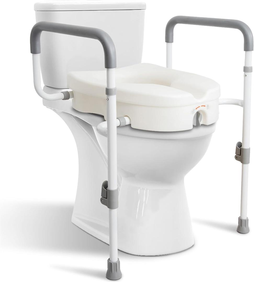 Raised Toilet Seat with Handles for Elderly - Toilet Seat Risers for Seniors with Adjustable Padded Arms - Elevated Toilet Safety Seat for Standard or Elongated Commode
