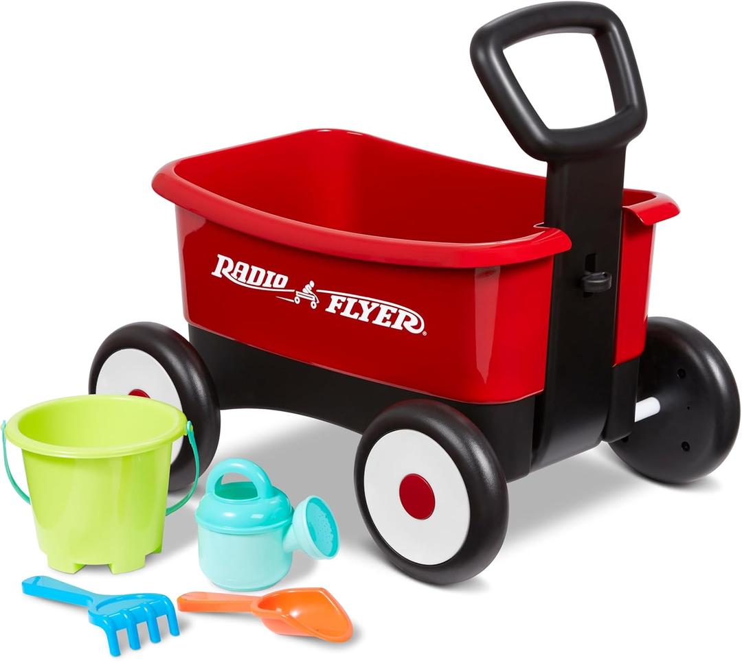 Radio Flyer My 1st Wagon 2-in-1 Walker & Pull Wagon with Beach and Garden Tools for Toddlers Ages 1-4, Red