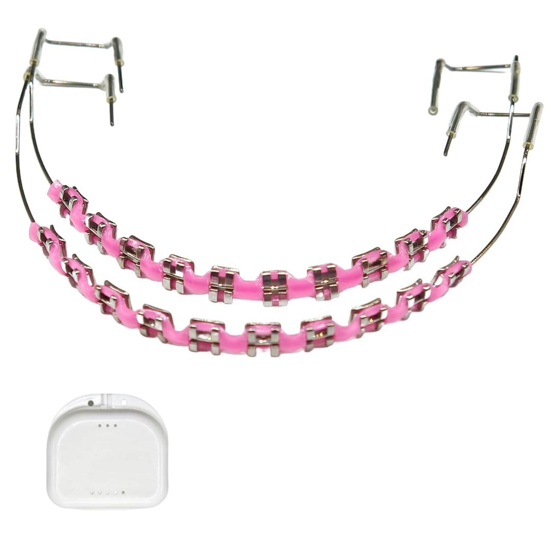 1 Pack Temporary fake braces clip on brackets for adults teeth props for dental students Tooth Decoration Orthodontist Explain Props with Metal Wires Metal Bracket Halloween Tooth Decorations(Pink)