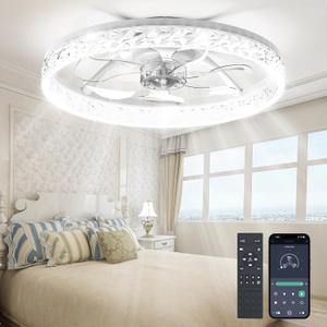 Ceiling Fans with Lights and Remote, Crystal-Edged Modern Flush Mount LED Fan Light, 6 Wind Speeds Low Profile Fandelier Ceiling Fan with Light for Bedroom, 3000-6500K Dimmable (18.6" White)