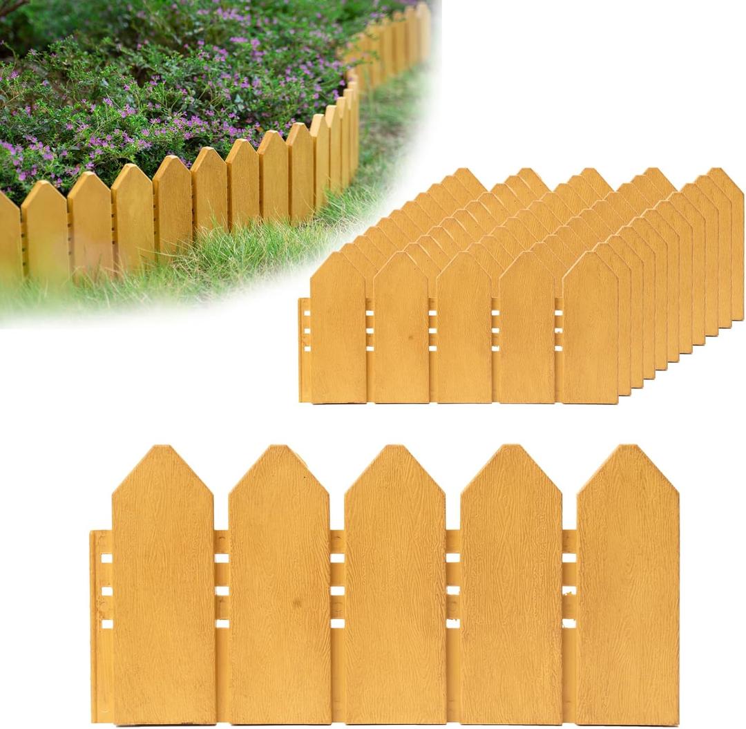 Landscape Edging Kit 6.7 in Tall Decorative Double-Sided Wood-Look Fence Garden Border, Flower Bed Edging with 30 Anchoring Spikes, 13.9 Foot Kit (Wood)