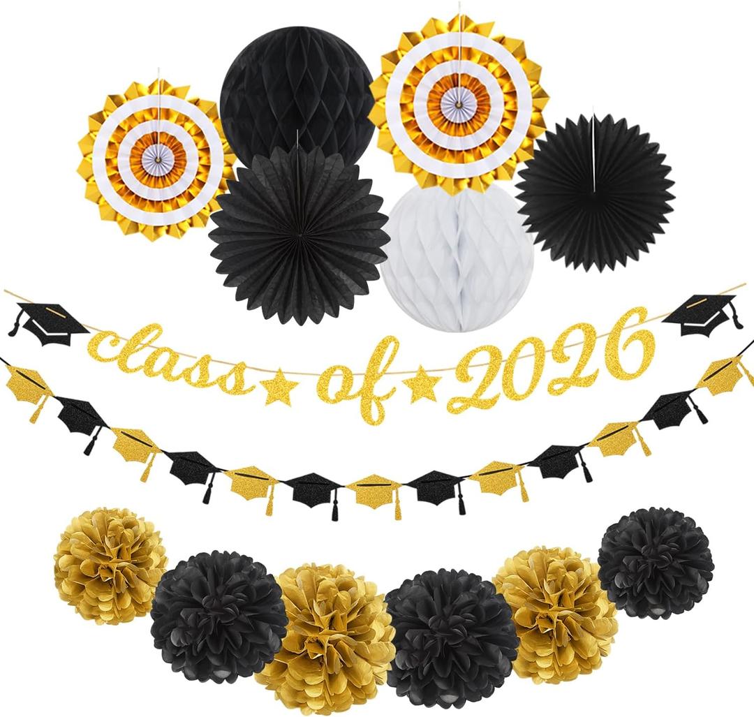 Black Gold Party-Decoration Graduation Banner - 14pcs Kits Cap Garland Streamers, Paper Tissue Pom Poms Flowers Fans Honeycomb,Class Of 2026 College High School Grad Decor Hugfond