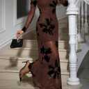 Verdusa Women's Floral Mesh Maxi Dresses Elegant Formal Long Sleeve Spring Wedding Guest Dress Cocktail (Brown, M)