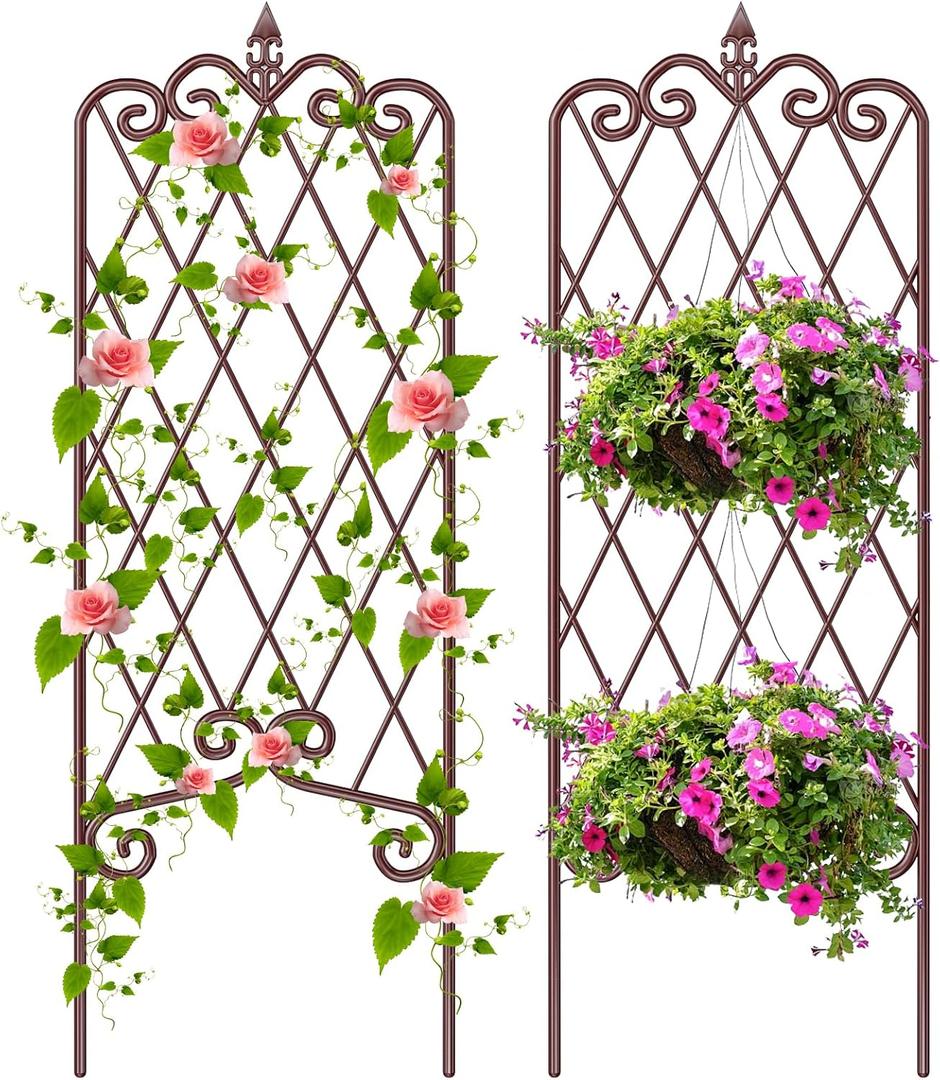AMAGABELI GARDEN & HOME 2 Pack 47 x 16 Metal Garden Trellis for Climbing Plants Outdoor Trellis for Climbing Roses Vines Vegetables Metal for Ivy Cucumbers Brown