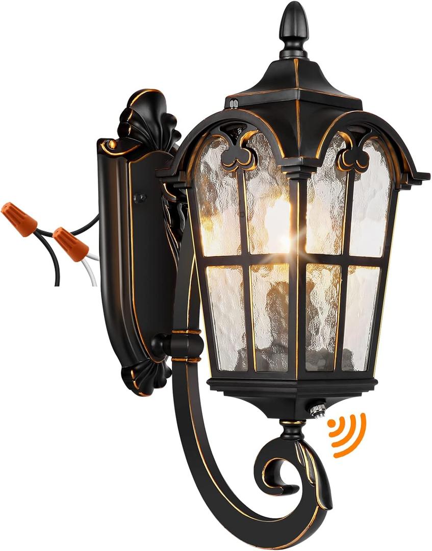Black Roman Outdoor Light Fixture, 17.7"H Dusk to Dawn Outdoor Lighting Wall Light, Waterproof Outside Porch Light Wall Sconce, Exterior Wall Lantern Lamp with Water Glass for Garage Porch Doorway, With Sensor