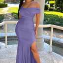 Memoriesea Women's Off Shoulder V Neck Wrap Ruched High Split Wedding Party Maxi Dress (Purple)