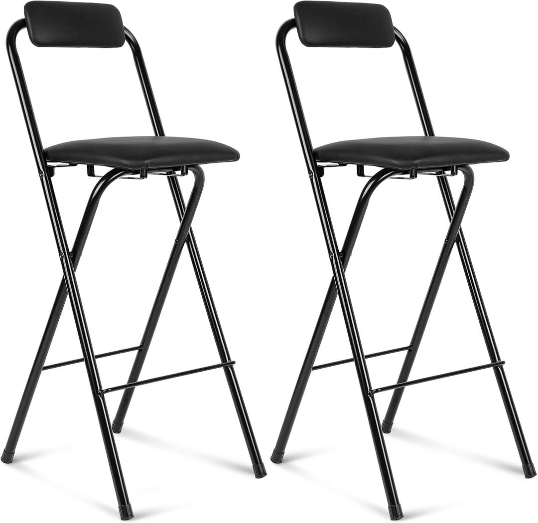 Thyle 2 Pcs Folding Bar Stool with Backrest, Tall Foldable Stool Chair Portable High Folding Bar Chair Counter Height Seat Leather Padded for Kitchen Island Shop Cafe Dining Room Black (27.5 Inch) (27.5 Inch)