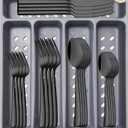 21Piece Modern Black Silverware Set with Organizer Tray Stainless Steel Eating Utensil Sets Kitchen Knives Forks and Spoons Cutlery Set Heavy Duty Tableware Flatware Sets for 4, Dishwasher Safe.tray is broken