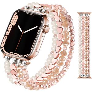 JR.DM Beaded Bracelet Bands for women Compatible with Apple Watch 40mm 38mm 41mm 44mm 42mm(S10/11) Fashion Cute Dressy Stretchy Handmade Strap for iWatch Series 11/10/9/8/7/6/5/4/SE 3/2/1(Rose/Gold)