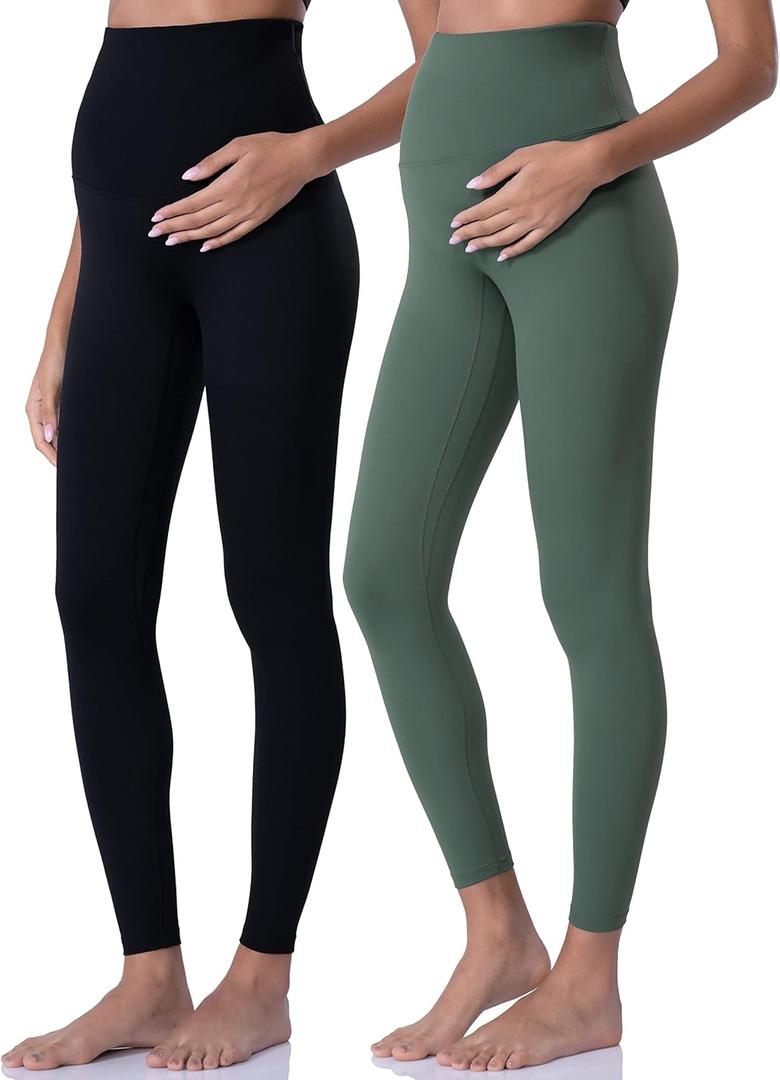 POSHDIVAH 2Pcs Women's Maternity Leggings Over The Belly Pregnancy Yoga Pants Active Wear Workout Leggings Black Crab Green Small