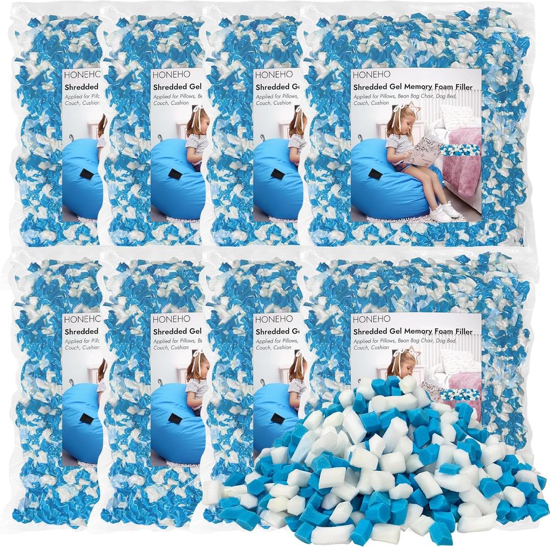40LBS Shredded Memory Foam Filling Bean Bag Filler, Added Gel Particles Comfortable and Soft,Very Suitable for Filling Bean Bags, Pillows,Dog beds, Couch Cushion (Blue White)