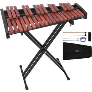 VEVOR Glockenspiel Xylophone, 32 Notes, Wooden Professional Xylophone Percussion Instrument, with Height Adjustable Stand, 4 Mallets, Carrying Bag, Beginner Musical Instrument Kit for Adults and Kids (Brown)