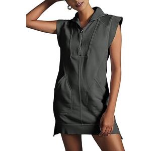 Qiaomai Womens Half Zip Sweatshirt Dresses Summer V Neck Sleeveless Pullover Tunic Tops Mini Dress, Size L
