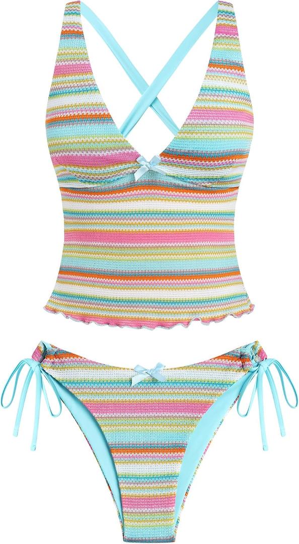 ZAFUL Women's Tankini Set V Neck Tummy Control Floral Printed Tie Side Thong Bikini Swimsuits 2 Piece Bathing Suits, L