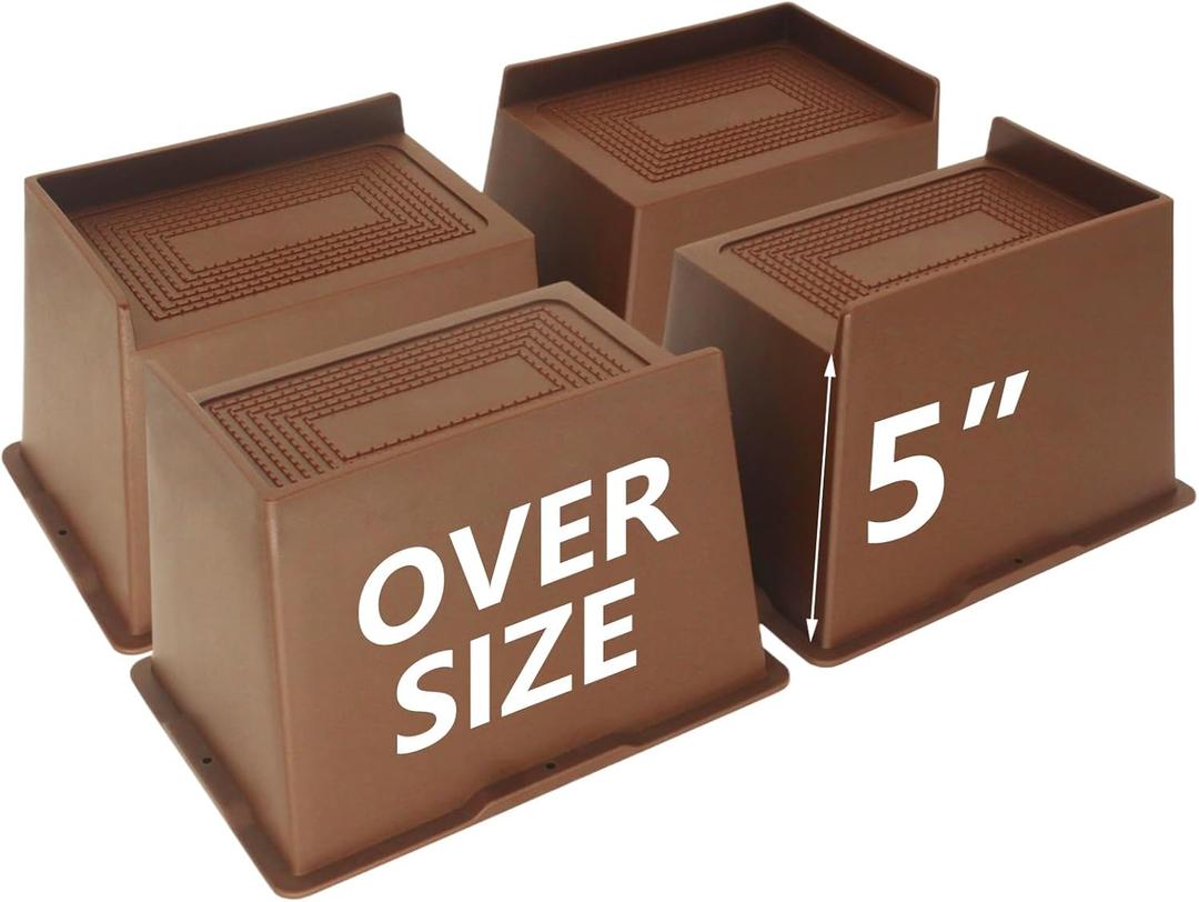 4 Pack Bed Risers 5 inch Heavy Duty Dark Brown, Oversized Furniture Risers, Bed Lifts Risers for Table, Sofa, Dorm Twin XL, Couch, Desk, Bed Frame Risers Supports Up to 6,500 Lbs