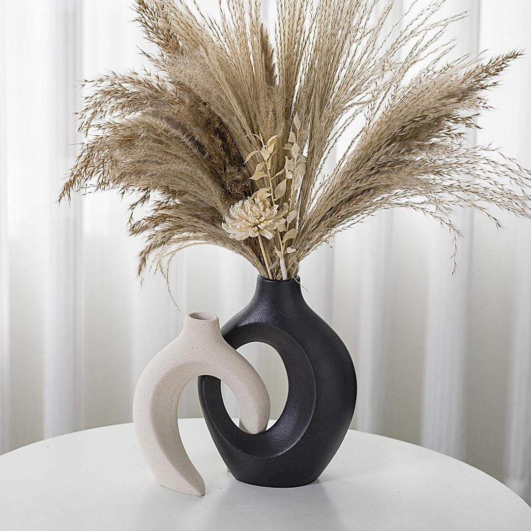 Black and Off-White Hollow Ceramic Vase Set of 2, Nordic Minimalist Aesthetic Snuggle Vases for Table Centerpiece Dining Living Room Book Shelf Decoration (W 6.3" X H 8.4")