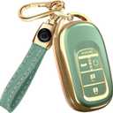 Lucrum Compatible with Honda Key Fob Cover & Leather Keychain - TPU Keyfob Case for Accord Civic CR-V HR-V Pilot Ridgeline, For 5 Button Remote (2022-2026) - Green and Gold