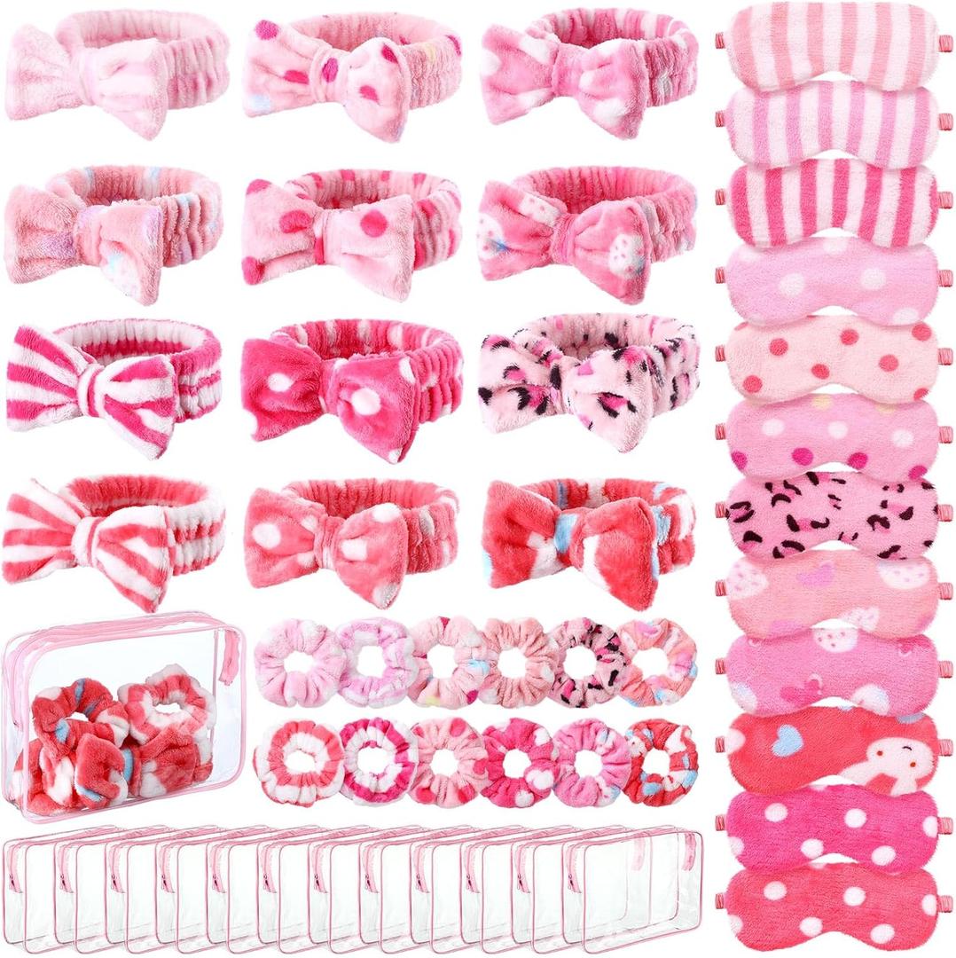 Kajaia 48 Pcs Sleepover Party Supplies for Girls Spa Part Favor Slumber Party Supplies for Women Headband Eye Mask Hair Scrunchies Toiletry Bag (Pink)