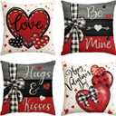 AVOIN colorlife Happy Valentine's Day Black and Red Heart Throw Pillow Covers, 20 x 20 Inch Hugs Kisses Be Mine Bowknot Stripes Love Anniversary Wedding Cushion Case Decoration for Sofa Set of 4