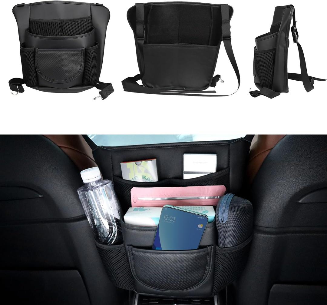 Car Purse Holder Between Front Seats PU Leather Bag Holder Above Armrest Box Child Barrier Front Seat Snack Organizer Bag Storage Auto Interior Accessories(Large Size)