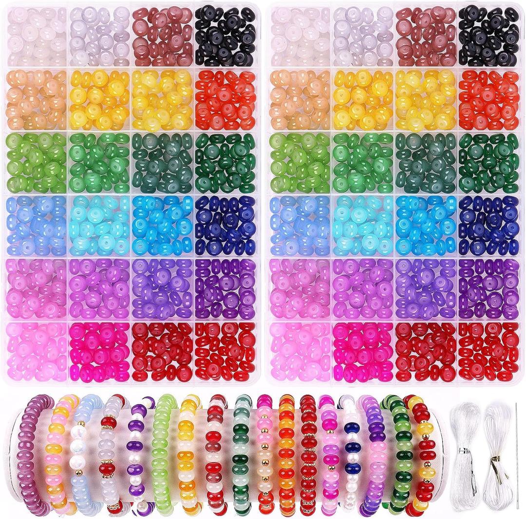 Wuollgess 1250pcs 5x8mm Abacus Glass Beads for Jewelry Making,2 Box 24 Colors Crystal Rondelle Beads for Bracelets,Bracelet Making Kit with Gemstone Rondelle Spacer Beads for DIY Jewelry Crafts Gifts