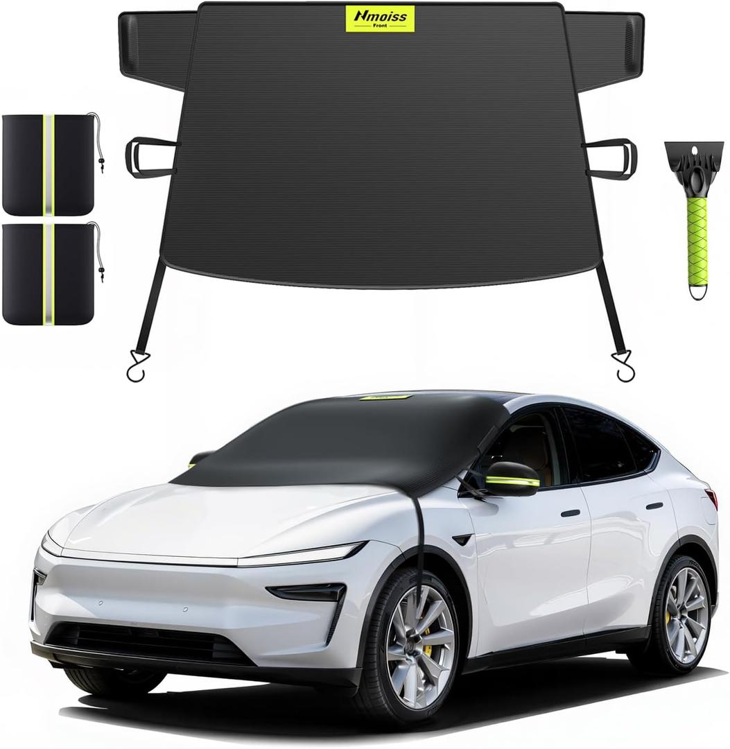 Windshield Snow Cover for Ice & Snow Frost Tesla Model Y/Model 3 — Tailored 3-in-1 Frost & Ice Shield with Mirror Covers & Ice Scraper, Waterproof 600D Oxford + Windproof Design Size is 42x65 inches