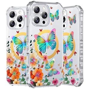 PIXIU Case for iPhone 16 Pro Compatible with Magsafe, Laser Glossy Pattern, Cute Curly Wave Clear TPU Bumper Military Grade Drop Protection Phone Cover for Women/ Girls -Butterfly/ Floral