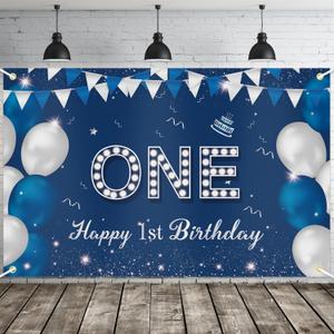 JOYKY Happy 1st Birthday Banner, Blue Silver Happy 1st Birthday Party Decorations for Boys, One 1 Year Old Supplies Backdrop Dcor, 5.9 X 3.8 Fts