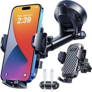 HTU 2025 Best Car Phone HolderUltimate 5-in-1 & Upgraded 100+LBS Strongest SuctionTrue Military-Grade & Safety Cert Windshield Phone Mount, Dashboard Vent Stand for iPhone Android & Truck, Black